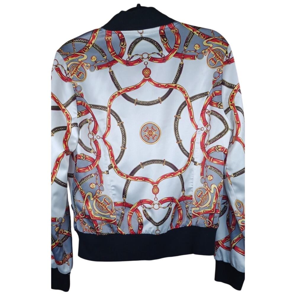 Vintage WD•NY Baroque Equestrian Bomber Jacket Large Gold Chain & Bridle Print - Picture 4 of 6